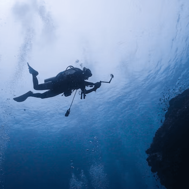 An open water diver swimming under the
          ocean close to some coral.